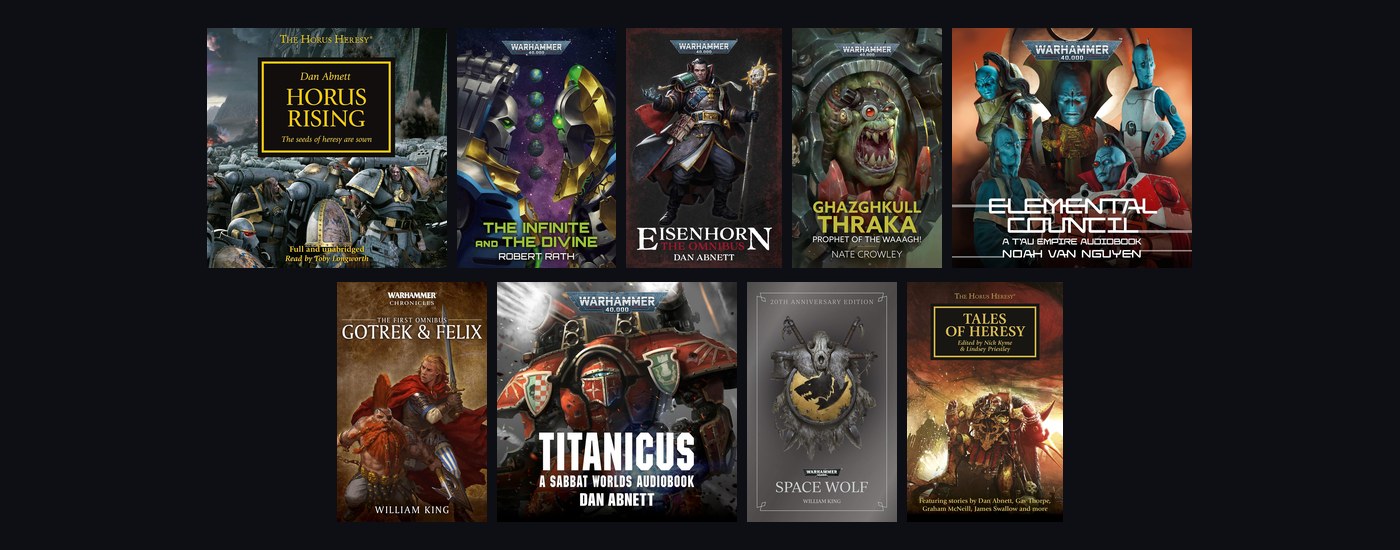 Best Warhammer 40K book covers including Horus Rising, Eisenhorn and Ghazghkull Thraka