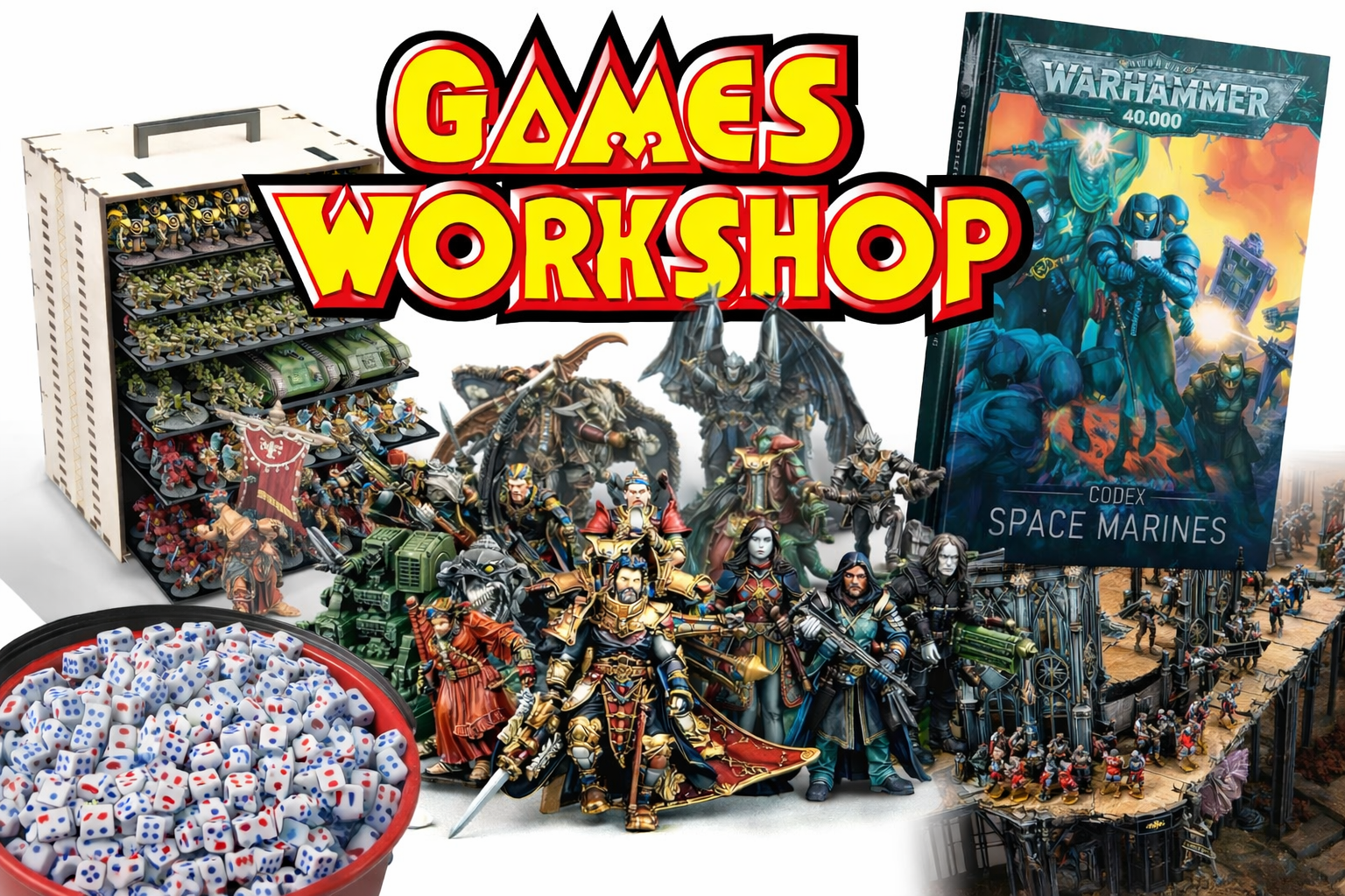 Warhammer 40K painted miniatures, dice, storage case and Space Marines codex