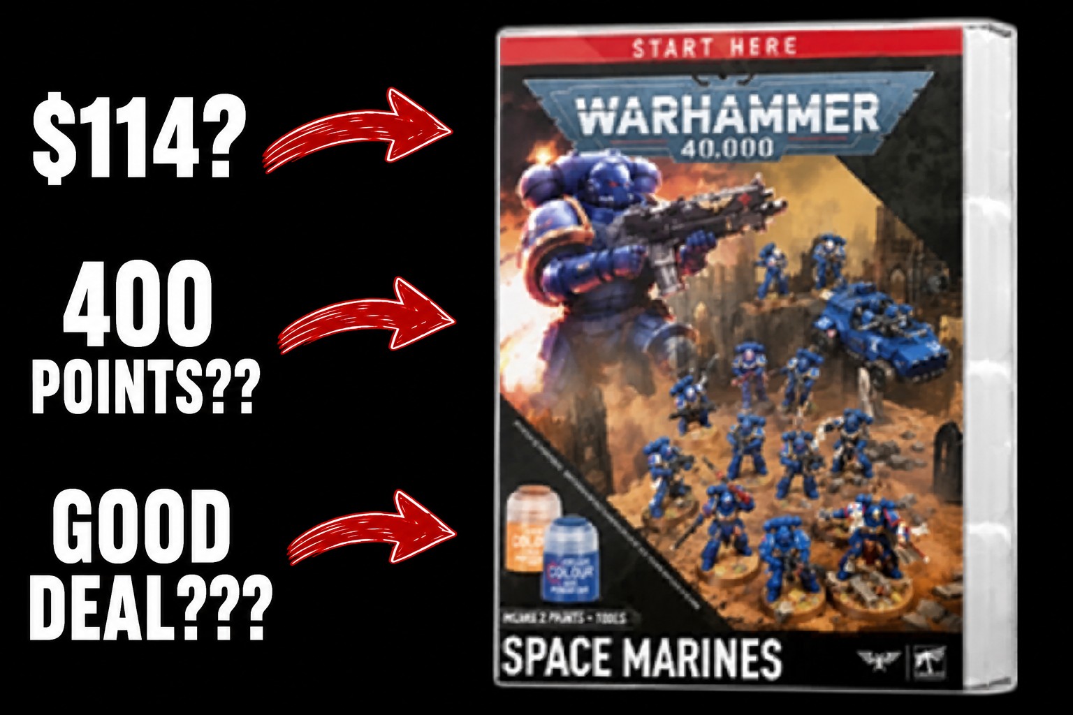 11th Edition Space Marine Starter Set box showing price, points, and value questions